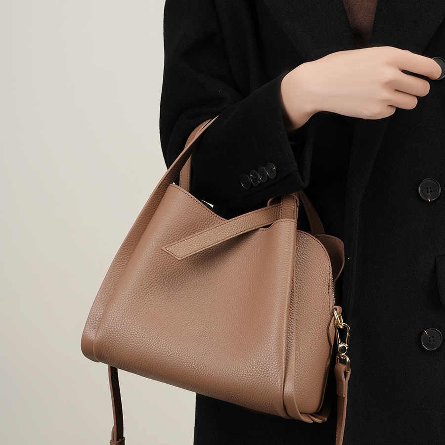 OC255M19 Genuine Leather Bucket Bag for Women Daily Outfit Business Formal Shoulder Crossbody Small Handbag Luxury Style