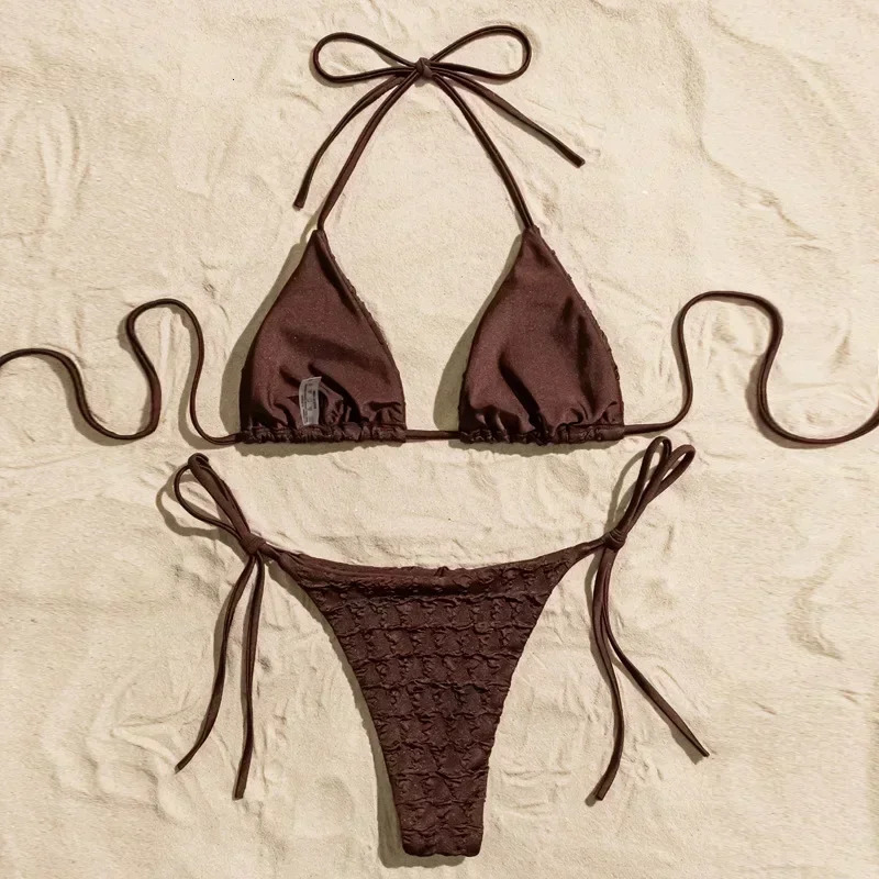 Womens Solid Brown Micro Bikini Set String Halter Triangle Thong Sexy Wrinkled Swimsuit Bathing Suit Mujer Biquine Brasileiro 260109