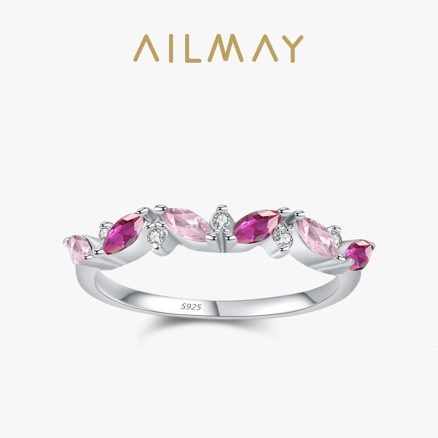 Ailmay Cute 925 Sterling Silver Pink Ruby Zircon Ring Wedding Jewelry Promise Engagement Rings For Women 260107