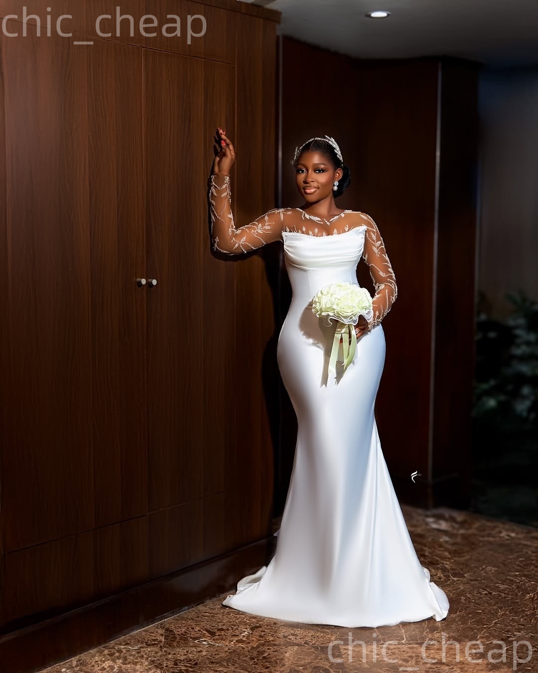 African Aso Ebi 2026 Ivory Mermaid Wedding Dress Simple Lace Sheer Neck Detachable Train Satin Elegant Bridal Gowns Dresses ZJ2276