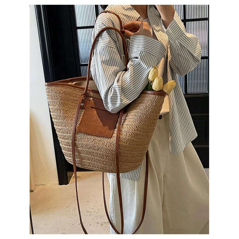 Women's Natural Tote Bag With Details - Adult Women, -Friendly Straw + Brown Leather = Boho-Chic Style; Spacious Interior Fits Beach Essentials; 