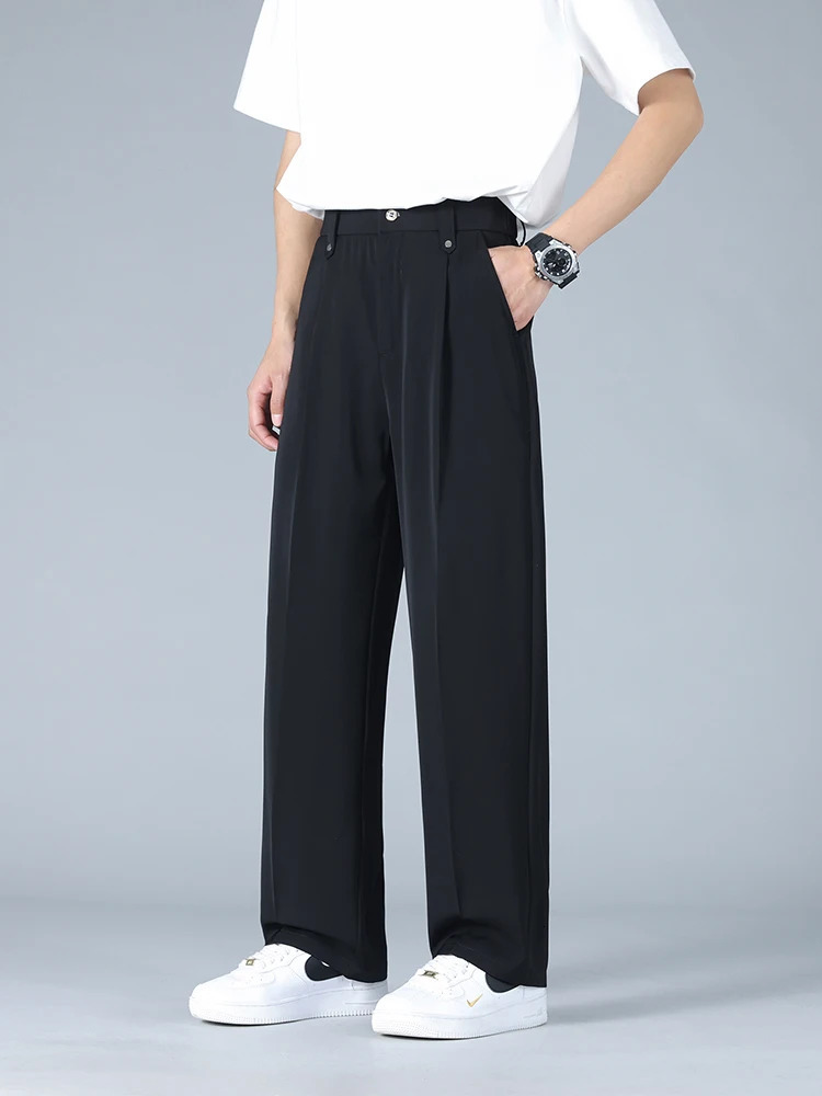 Summer Mens Pants Big Size Light Cool Polyester Straight Suit Pants Loose Fit Banding Slacks Men Business Casual Trousers 8XL 260106