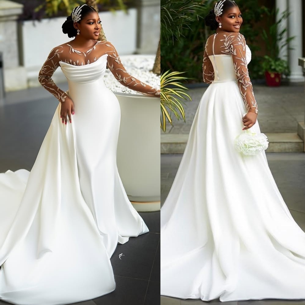 African Aso Ebi 2026 Ivory Mermaid Wedding Dress Simple Lace Sheer Neck Detachable Train Satin Elegant Bridal Gowns Dresses ZJ2276