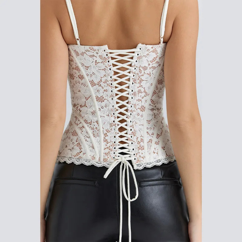 Sexy Lace Corset Women Spaghetti Strap Side Zipper Fishbone Bodycon Tops Back Adjustable Lace-up Tanks Lady Corsets 260109