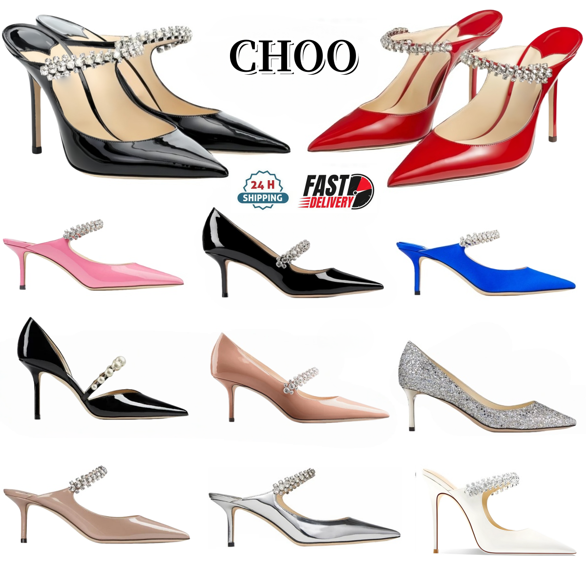 High Heels JC Rhinestone Dress Shoes Women Designer Sandals 6cm 8cm 10cm Kitten Heels Black Nude Patant Leather Pointed Toes Sandals Summer 35-44