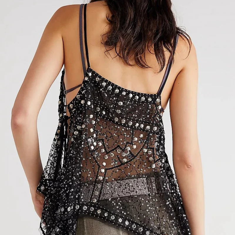 Women Y2K Rivet Sequin Mesh Tank Top V Neck Beaded Halter Cami Crop Top Sheer Sleeveless Backless Glitter Sparkly Camisole 260109