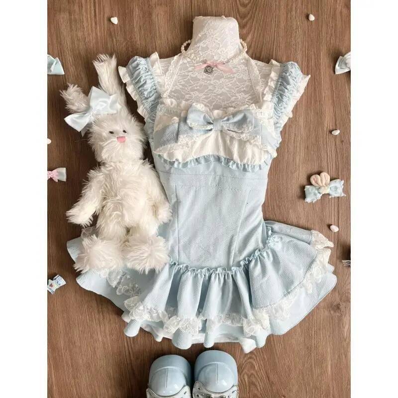Bestseller Sweet Blue Lolita Women Lace Ruffle Bowknot Sleeveless Kawaii Princess Style Mini Dress Cute Cottagecore Summer Outfit New ddmytues