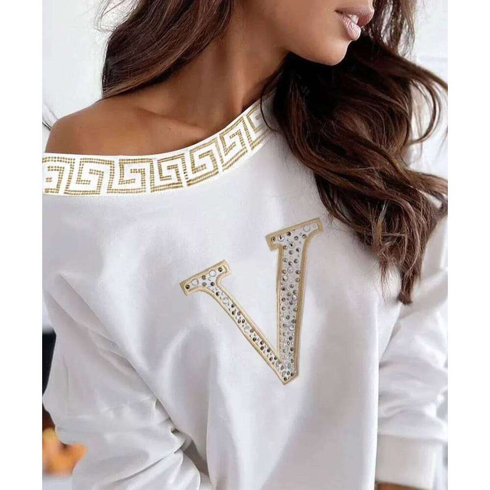 Casual Top Rhinestone Designer Fashion Letter V Pattern Batwing Sleeves Loose Women Blouse Tops - view 4