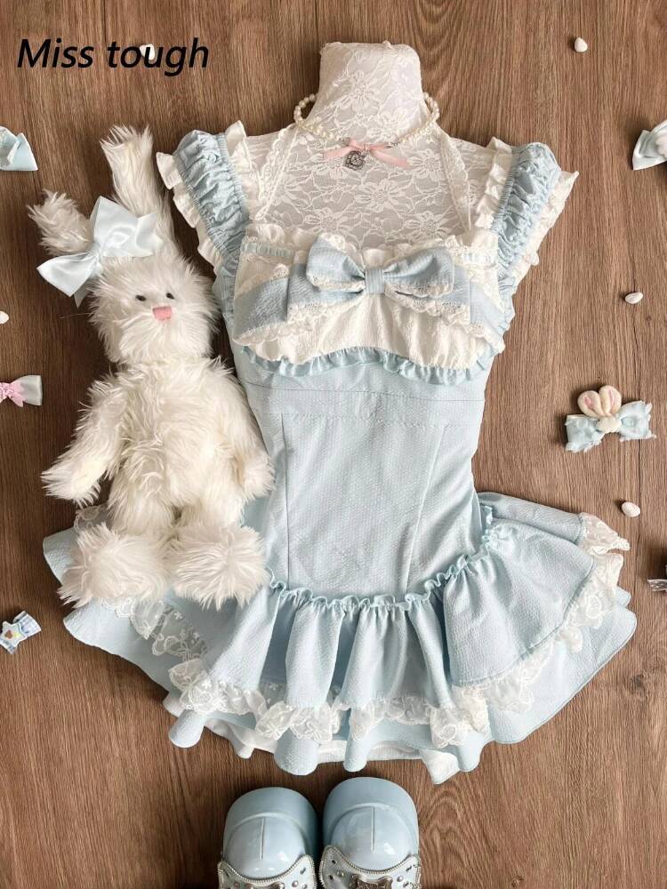 Bestseller Sweet Blue Lolita Women Lace Ruffle Bowknot Sleeveless Kawaii Princess Style Mini Dress Cute Cottagecore Summer Outfit New ddmytues
