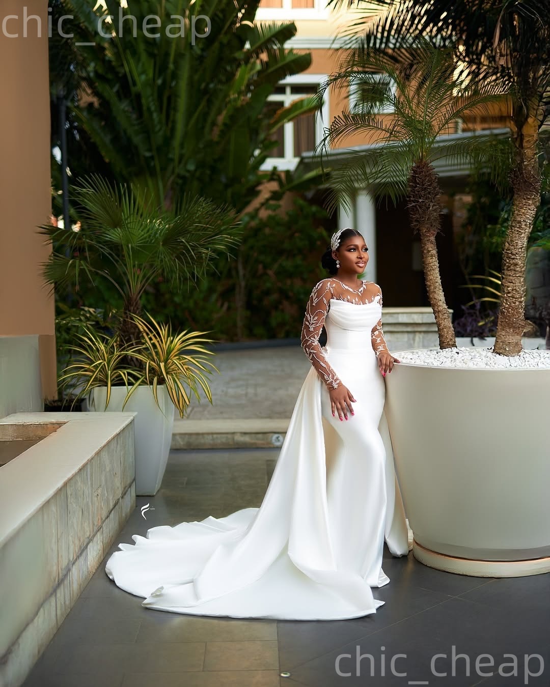 African Aso Ebi 2026 Ivory Mermaid Wedding Dress Simple Lace Sheer Neck Detachable Train Satin Elegant Bridal Gowns Dresses ZJ2276