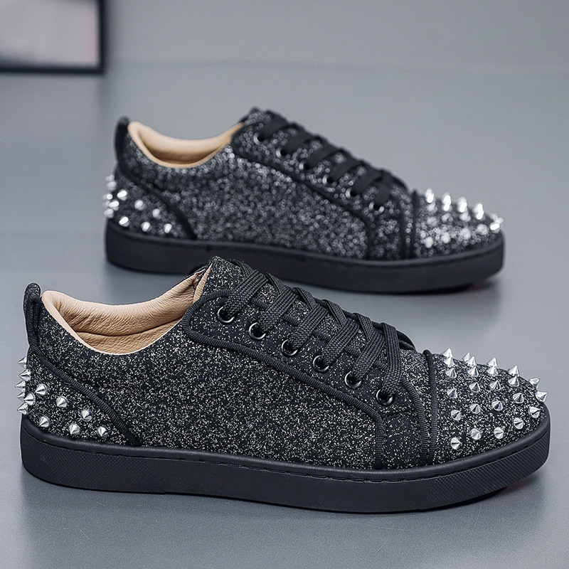 Luxury Shoes Men's Glitter Silver Studded Casual Sneakers - Lace-Up Fashion Shoes with Spiked Decor Free Shipping