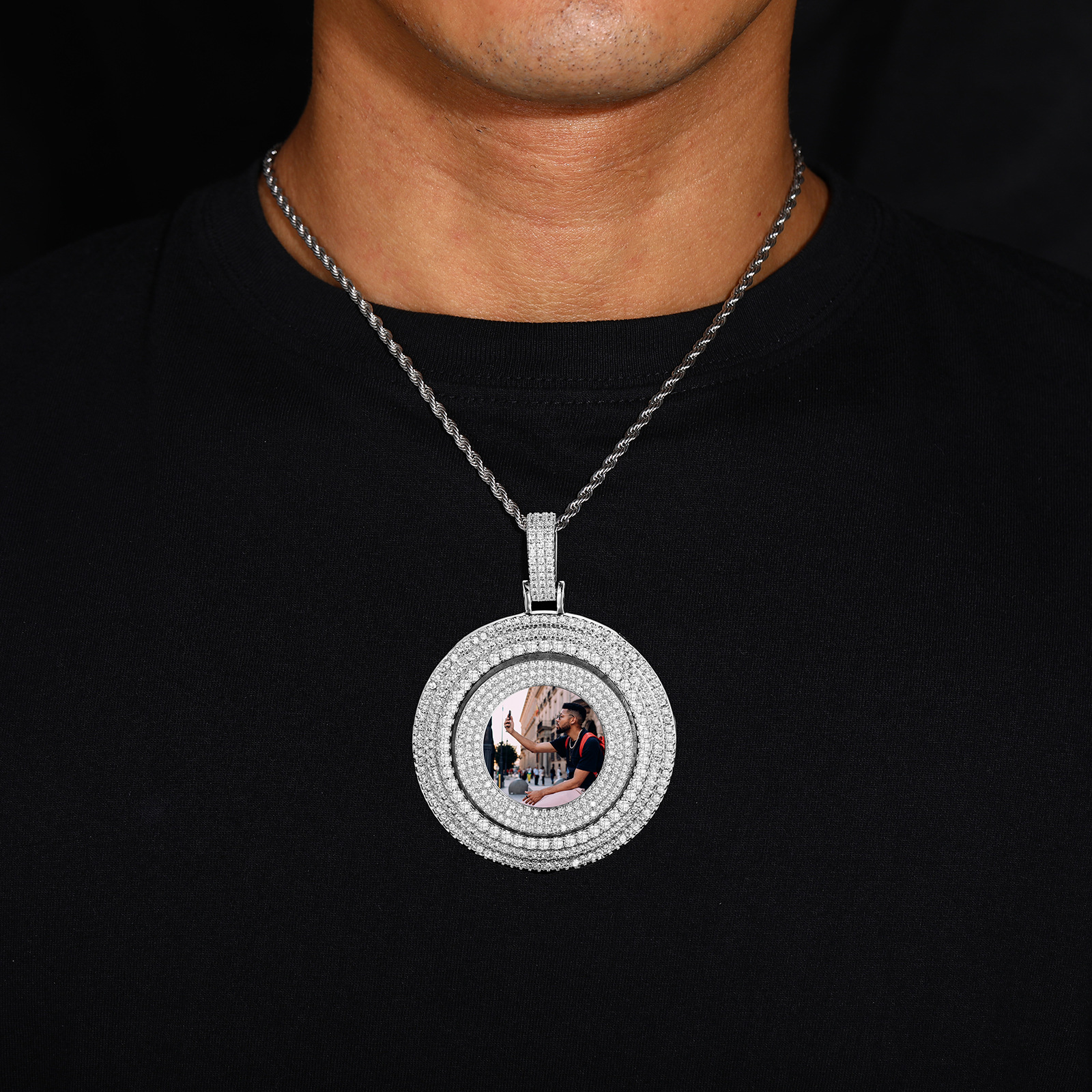 Customize Rotatable Solid Memorial Photo Pendant Necklace TopBling Zircon Men Women Lover Gift Hip Hop Rap Jewelry