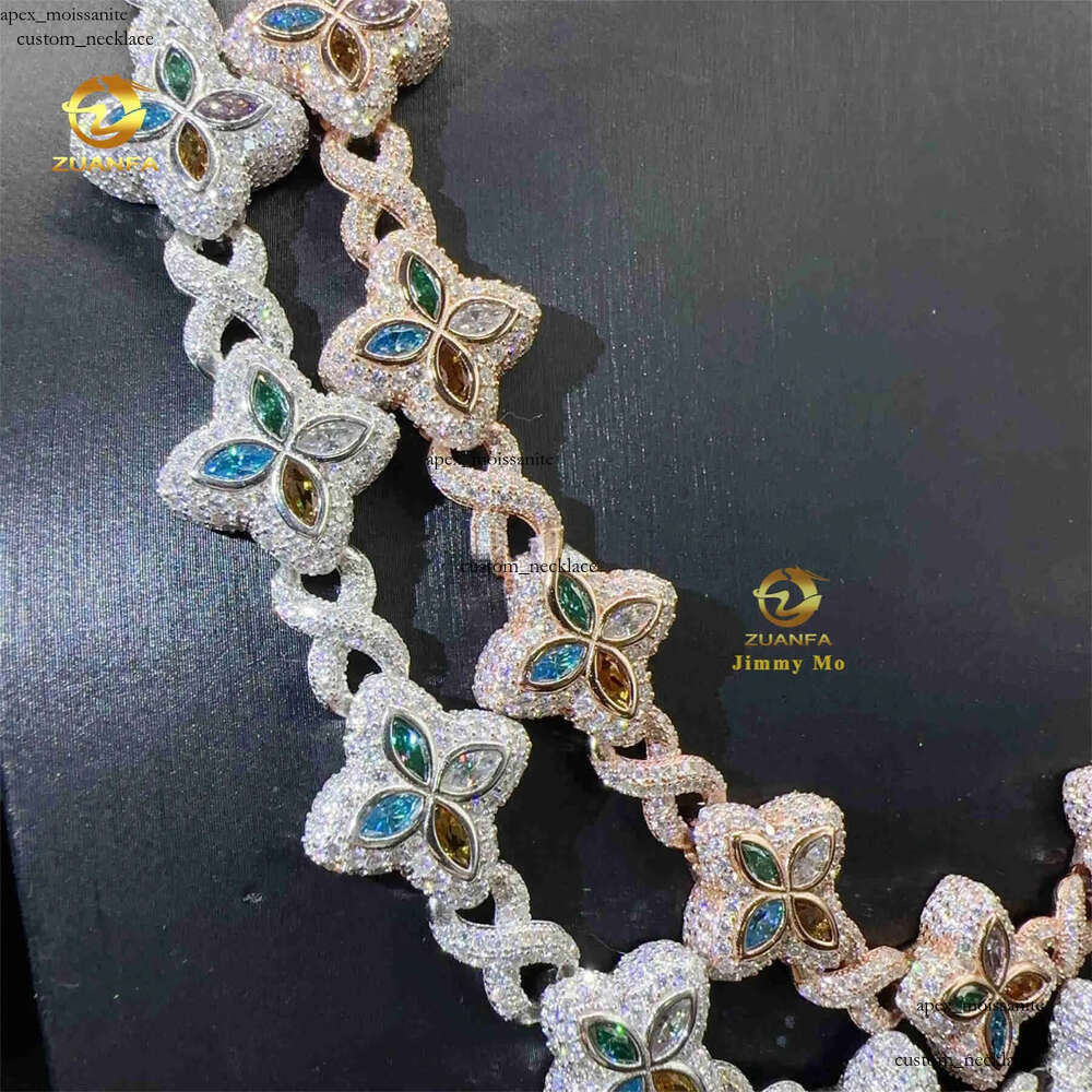New Luxury Man Rapper Style Jewelry Iced Out Hip Hop VVS1 Fancy Moissanite Diamond Four Flowers Infinity Miami Cuban Link 69