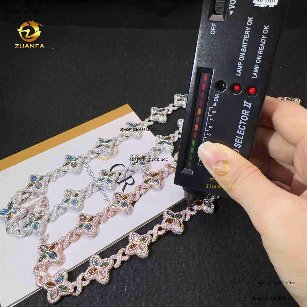New Luxury Man Rapper Style Jewelry Iced Out Hip Hop VVS1 Fancy Moissanite Diamond Four Flowers Infinity Miami Cuban Link 69