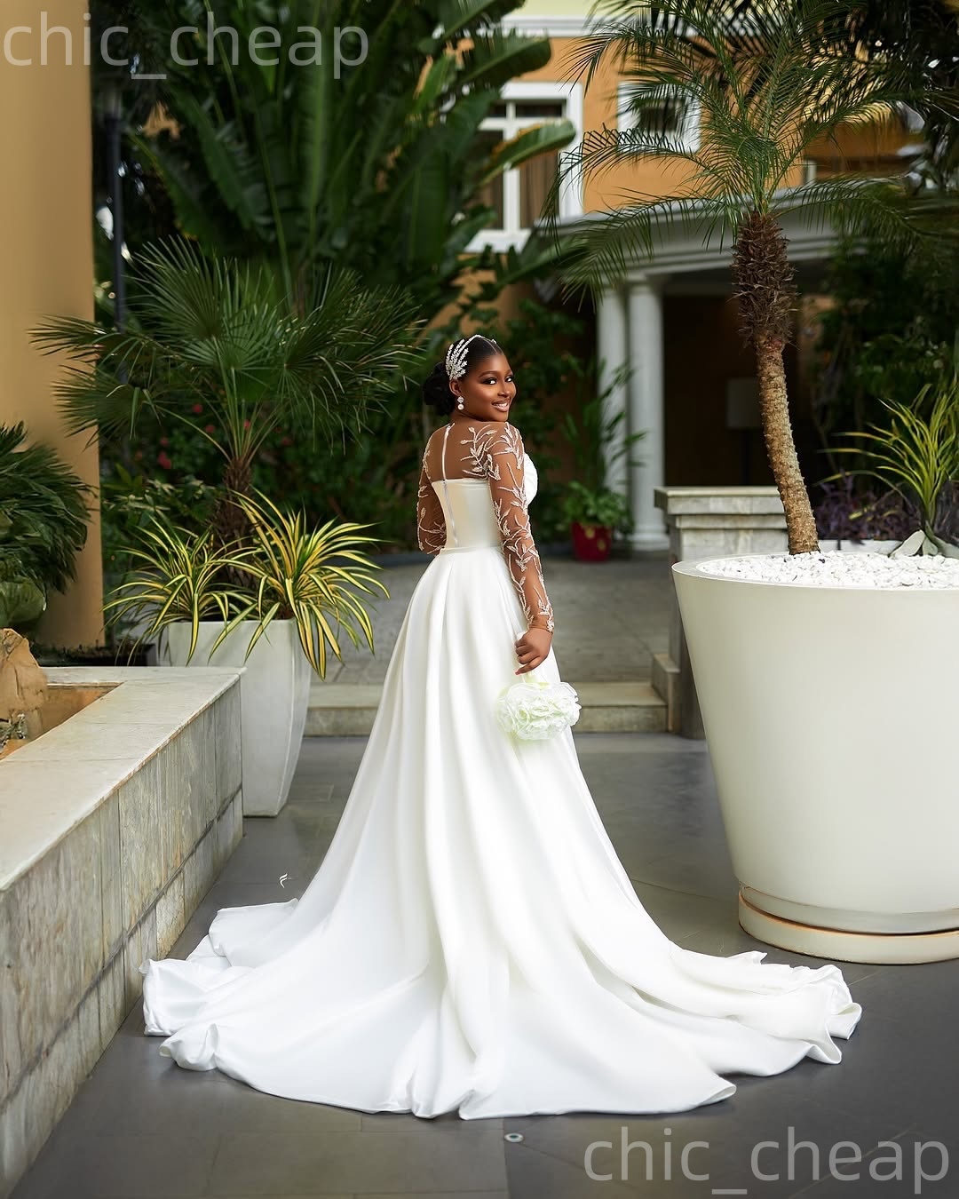 African Aso Ebi 2026 Ivory Mermaid Wedding Dress Simple Lace Sheer Neck Detachable Train Satin Elegant Bridal Gowns Dresses ZJ2276