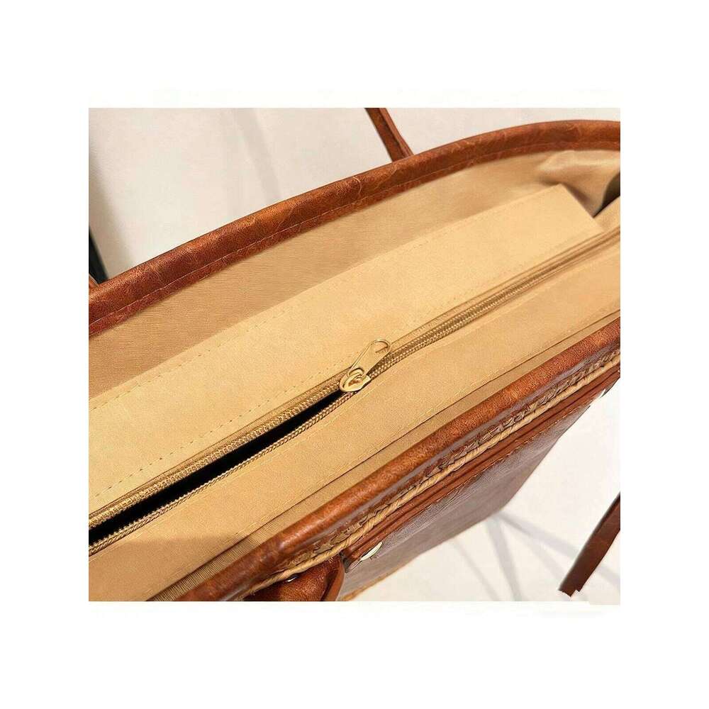Women's Natural Tote Bag With Details - Adult Women, -Friendly Straw + Brown Leather = Boho-Chic Style; Spacious Interior Fits Beach Essentials; 