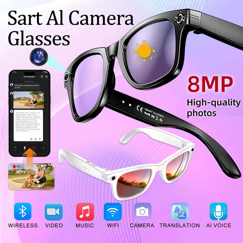 AI smart glasses with a built-in camera: Supports 8-megapixel photo shooting, 1080P high-definition video recording, AI voice assistant, and Bluetooth functionality.