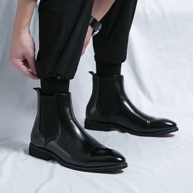 Mens Boots Business Ankle Boots Red Pointed Toe Dress Boots British High Top Leather Shoes Slip-On Casual Men Chelsea Boot Z251218 - view 3