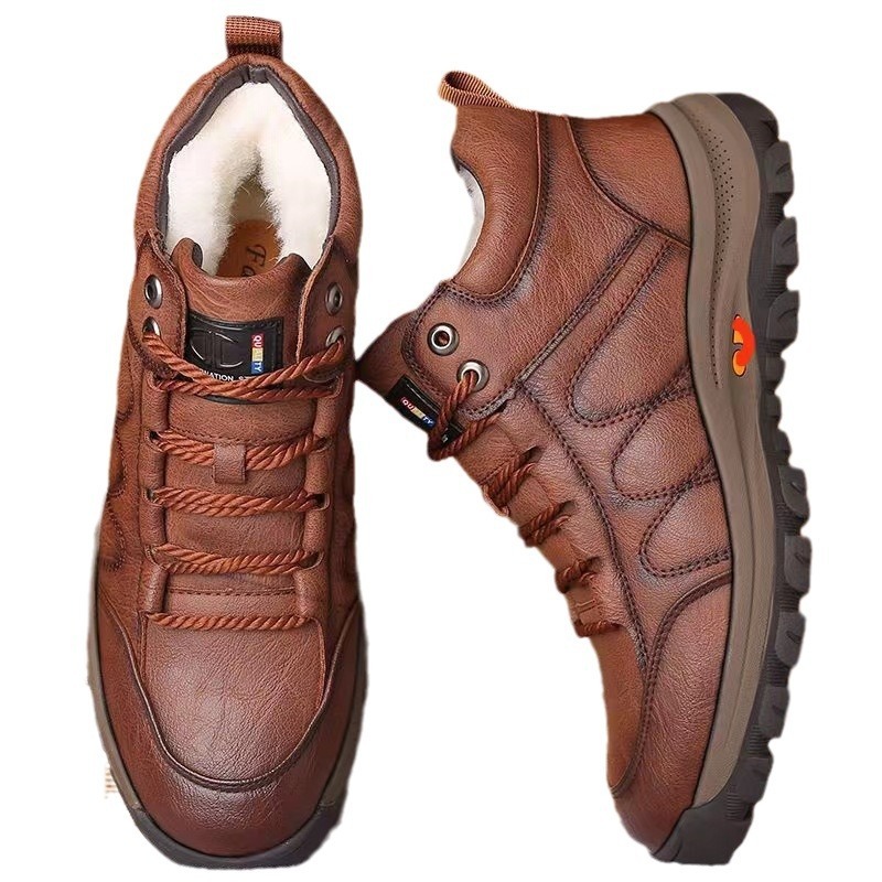 Men's cotton shoes, wool leather integrated wool, thickened winter warmth, casual high top leather shoes, size snow boots