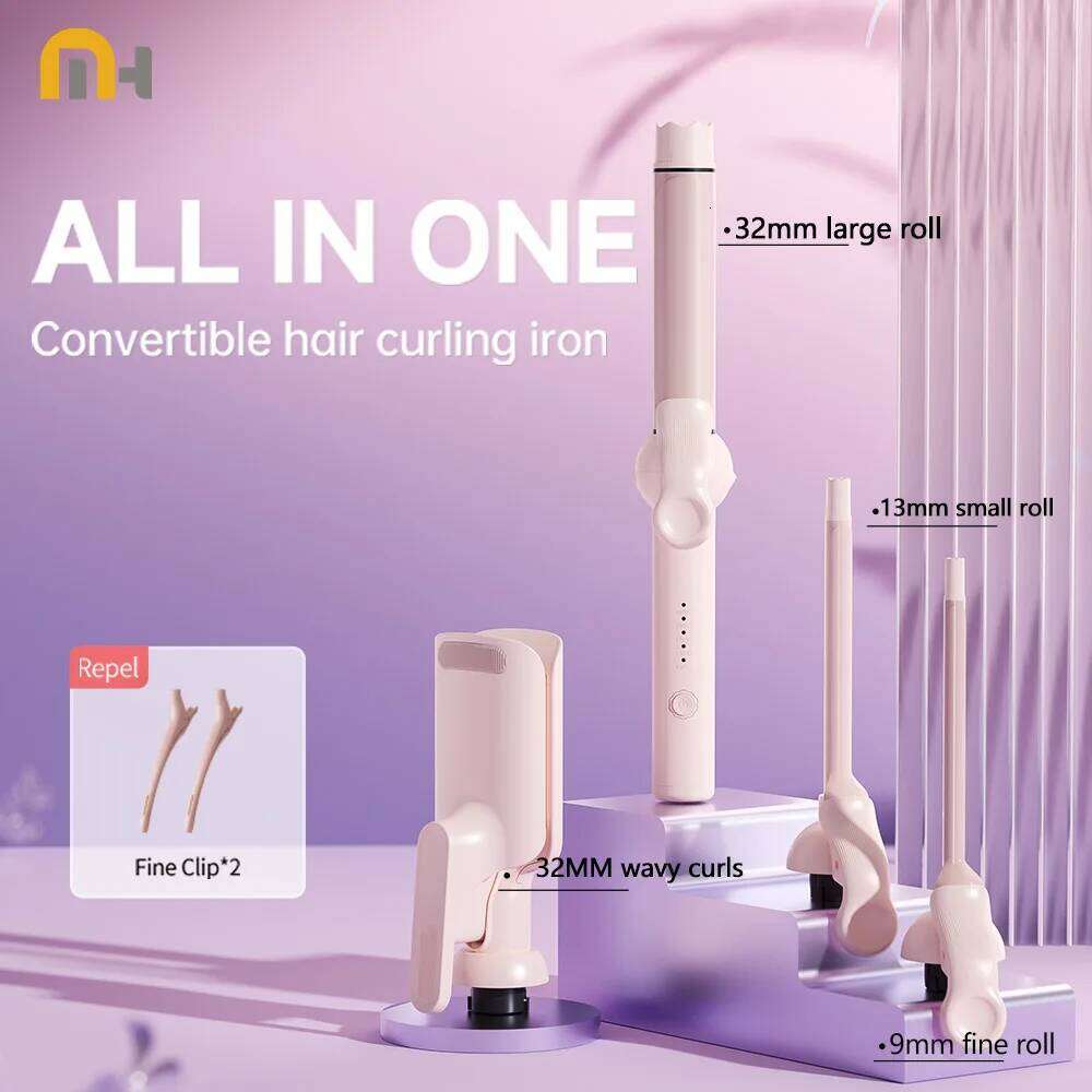 Hair Curler with Interchangeable Heads - 9mm/13mm/32mm Ceramic Barrels Curling Iron Wand Set, Multi-Size Roller Rod Styling Tool H260110