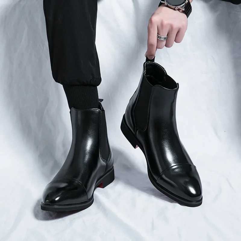 Mens Boots Business Ankle Boots Red Pointed Toe Dress Boots British High Top Leather Shoes Slip-On Casual Men Chelsea Boot Z251218 - view 4