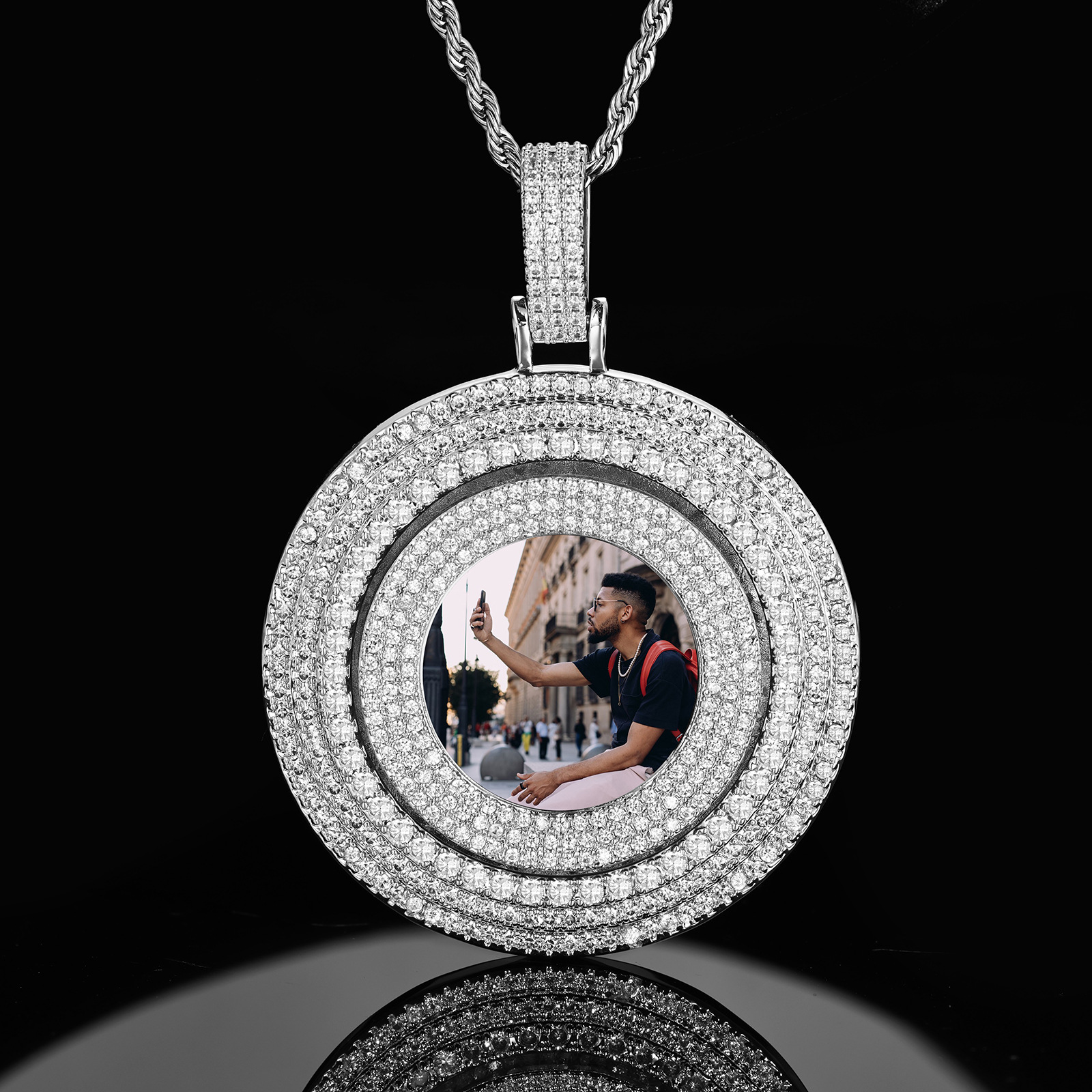 Customize Rotatable Solid Memorial Photo Pendant Necklace TopBling Zircon Men Women Lover Gift Hip Hop Rap Jewelry