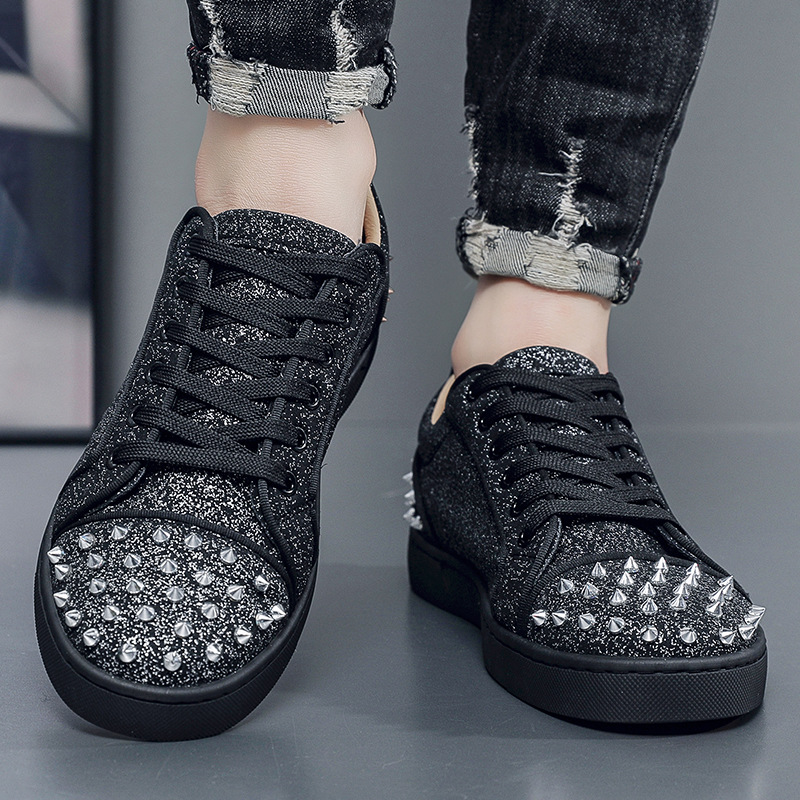 Luxury Shoes Men's Glitter Silver Studded Casual Sneakers - Lace-Up Fashion Shoes with Spiked Decor Free Shipping