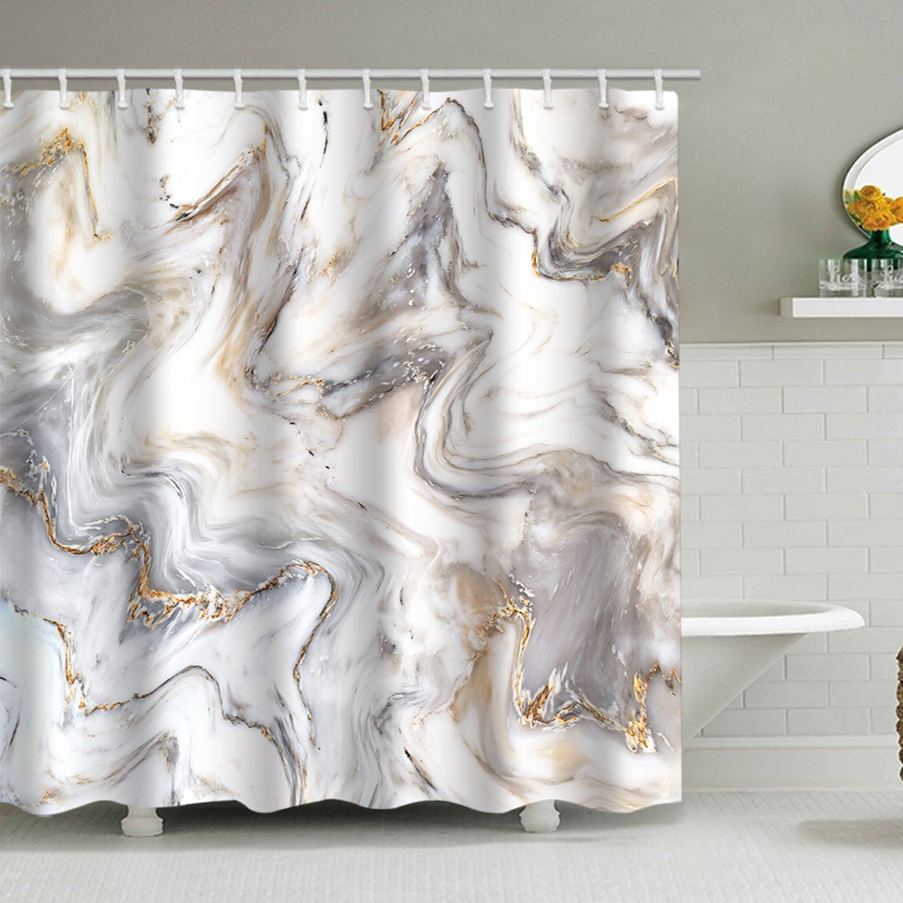 YL-38129 Custom Marble Pattern Shower Curtain, Abstract Geometric Texture, Polyester Waterproof Shower Curtain Set with Hooks