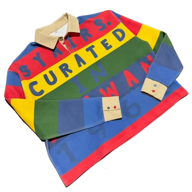 Retro Streetwear Letters Rainbow Elements Polo Shirt Women Mens Loose Sports Hip-hop Sweatshirt Y2K High Street Fashion Top 260109