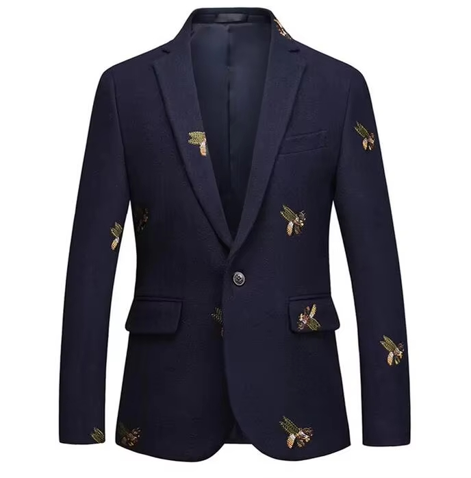 Classic Men's Wedding Suits Single Breasted Bee Embroidery Tweed Blazer Flat Collar Slim Fit Formal Suit - view 8