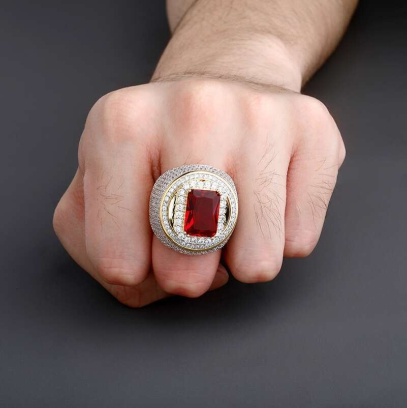 High Quality 18K Gold Diamond Ring Mens Ruby Iced Out Rings Hip Hop Rings Jewelry