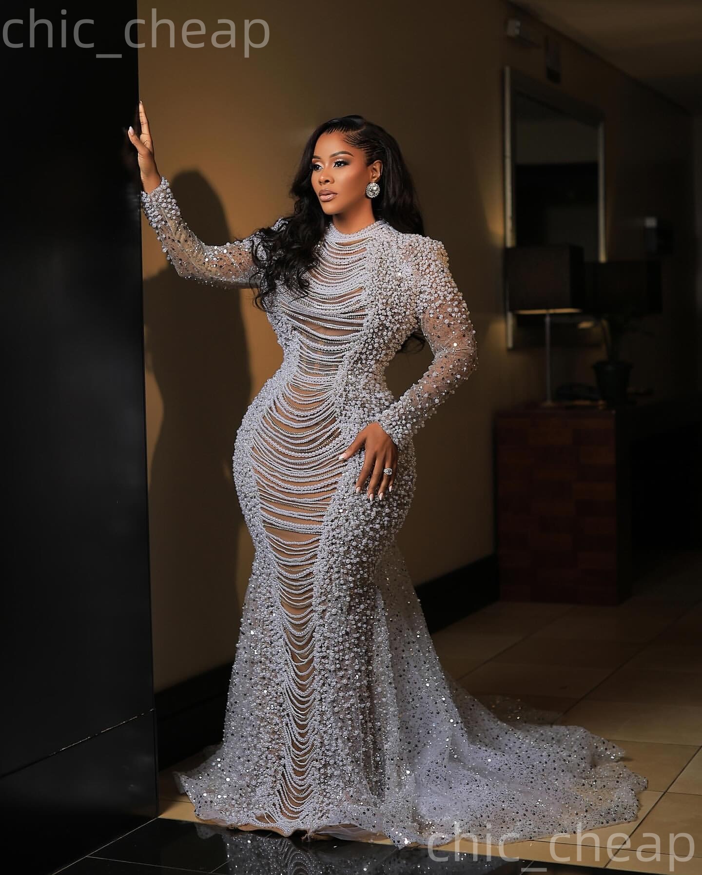 Aso Ebi Ivory Mermaid Prom Dresses 2026 Pearls Crystals Illusion Sequined Evening Formal Party Second Birthday Engagement Gowns Dress For Special Occa