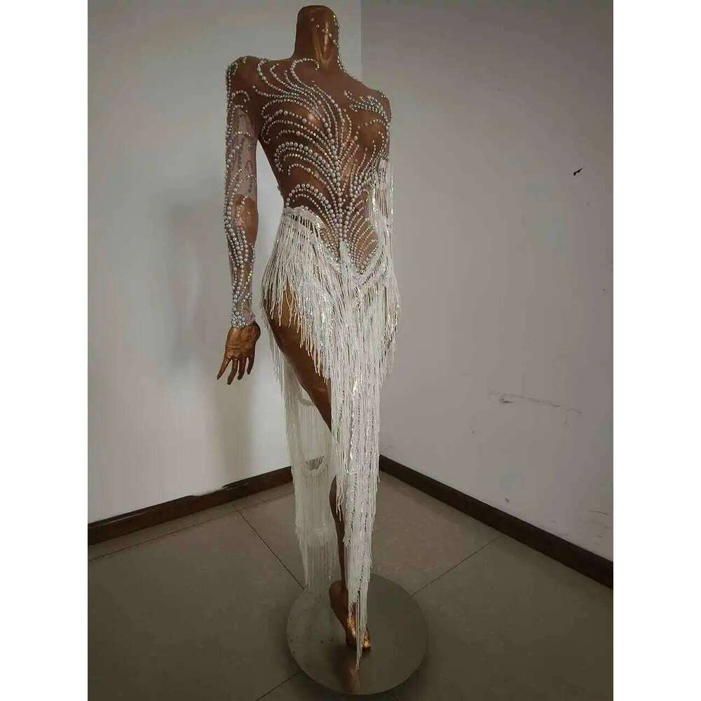 Sparkly Rhinestones Sequins Fringes Birthday Celebrate Evening Dress Women Sexy Mesh Transparent Dance Costume Photo Shoot Wear