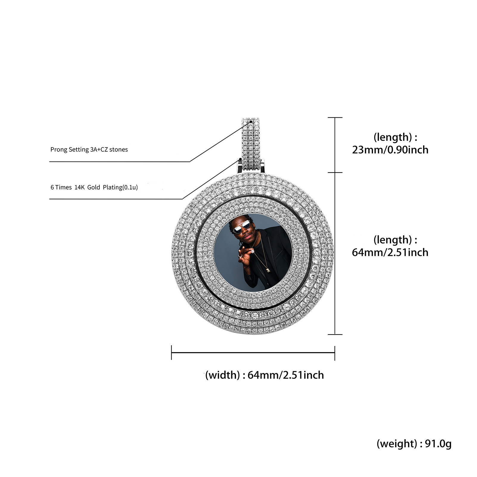 Customize Rotatable Solid Memorial Photo Pendant Necklace TopBling Zircon Men Women Lover Gift Hip Hop Rap Jewelry