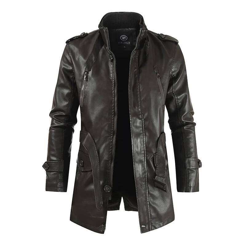 Autumn Winter New Men's Medium And Long Stand-up Collar Piled Thickened PU Leather Jacket W260110