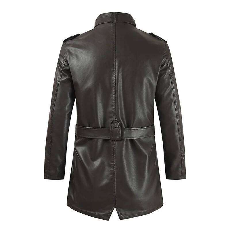 Autumn Winter New Men's Medium And Long Stand-up Collar Piled Thickened PU Leather Jacket W260110