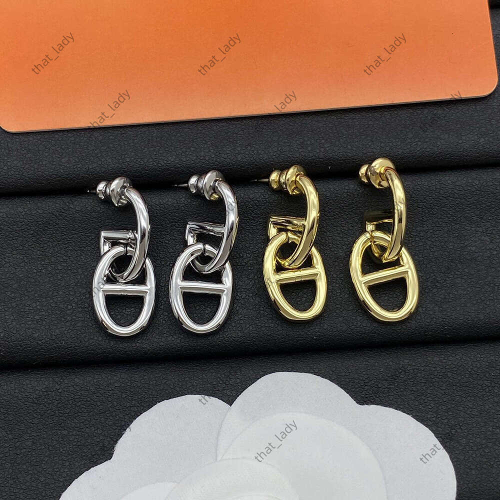H ermes Earrings Herme Earrings H Earrings with logo High Version New Glossy Pig Nose H Letter for Women Silver Needle High-end Luxury Socialite Earrings