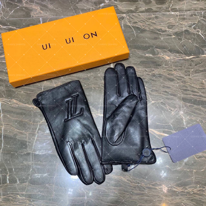 Stylish Black real Leather keep warm Five Fingers Gloves L V Luxurious Designer gloves Winter hiking cycling warm gloves for Charm Men Women Accessories