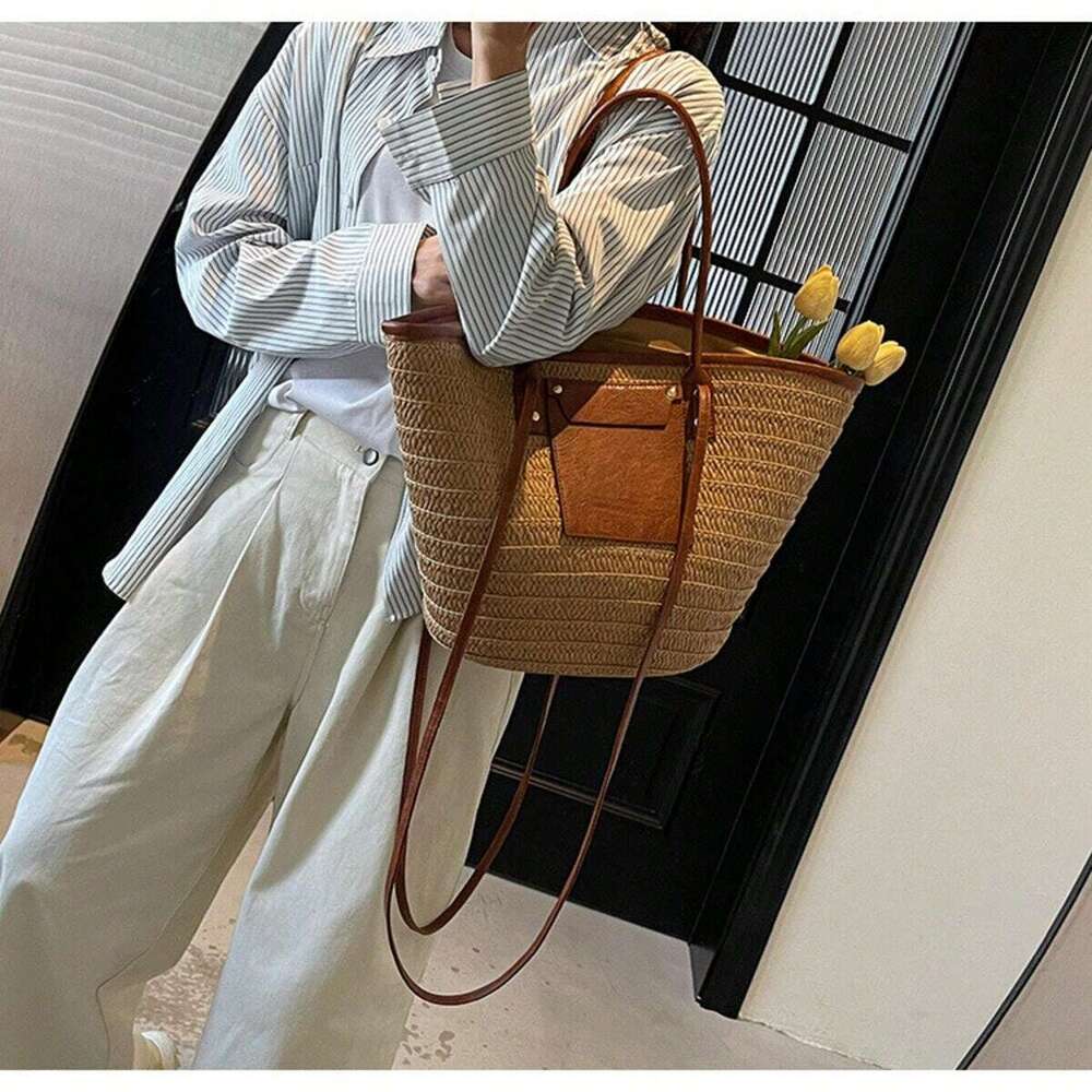 Women's Natural Tote Bag With Details - Adult Women, -Friendly Straw + Brown Leather = Boho-Chic Style; Spacious Interior Fits Beach Essentials; 