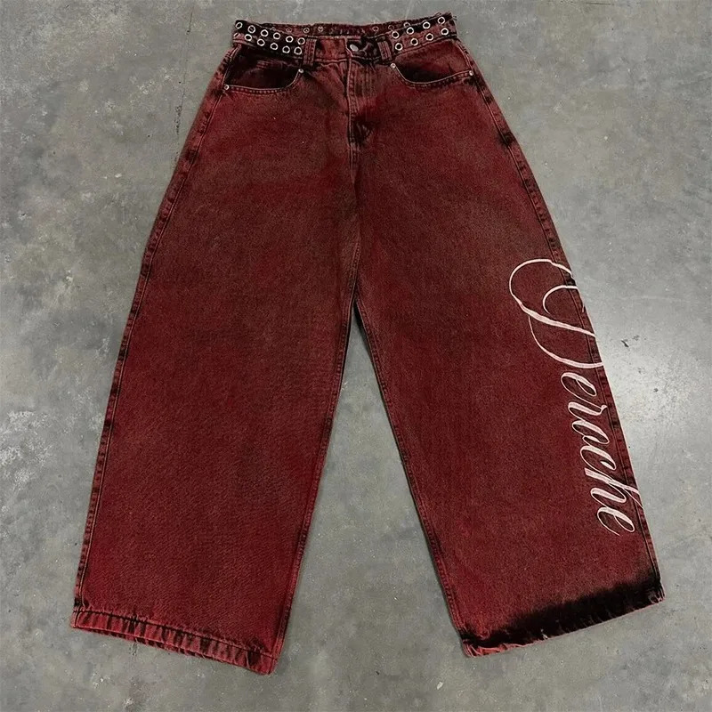 Y2K Baggy Jeans washed Red Vintage Letter Print Rivet Waist Belt n High Waist Wide Leg Jeans Goth Sense Trousers streetwear 260109