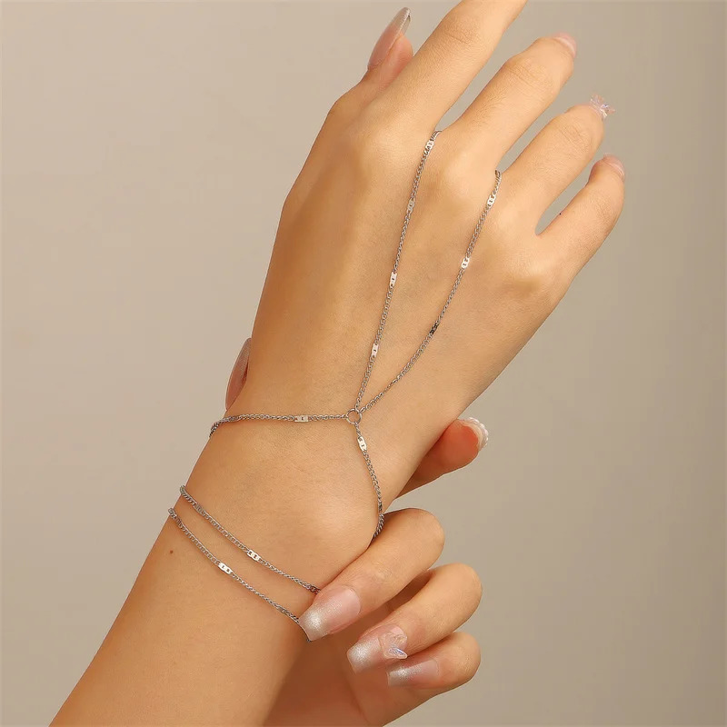 Trendy Gold Color Dainty Hand Chain Bracelet for Women Simple Thin Link Chain Connecting Harness Bracelet Ring Hand Jewelry Gift 260109