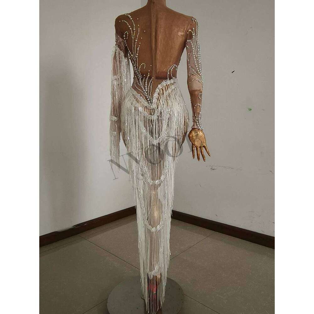 Sparkly Rhinestones Sequins Fringes Birthday Celebrate Evening Dress Women Sexy Mesh Transparent Dance Costume Photo Shoot Wear