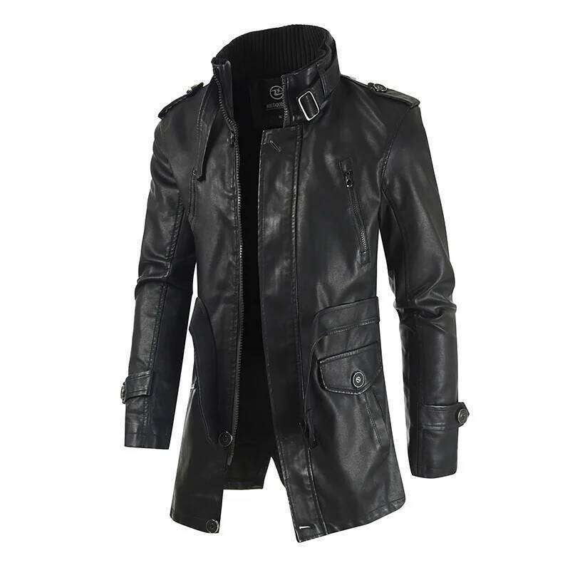 Autumn Winter New Men's Medium And Long Stand-up Collar Piled Thickened PU Leather Jacket W260110