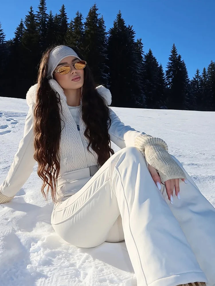 Womens Chic White Hooded Ski Jumpsuit with Waist Belt Warm Snowproof OnePiece Snow Wear Winter Sports Fashion Lady Snowsuit 260109