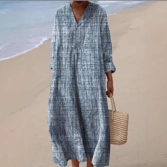 KO43090 Cross-border Eurasia Amazon New Long-sleeved Dress Plus Size V-neck Pocket Casual