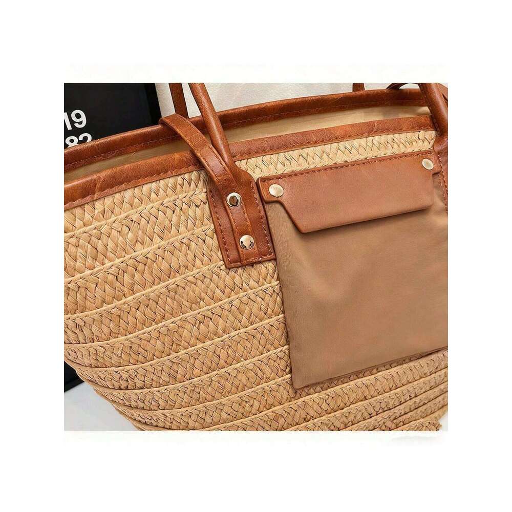 Women's Natural Tote Bag With Details - Adult Women, -Friendly Straw + Brown Leather = Boho-Chic Style; Spacious Interior Fits Beach Essentials; 
