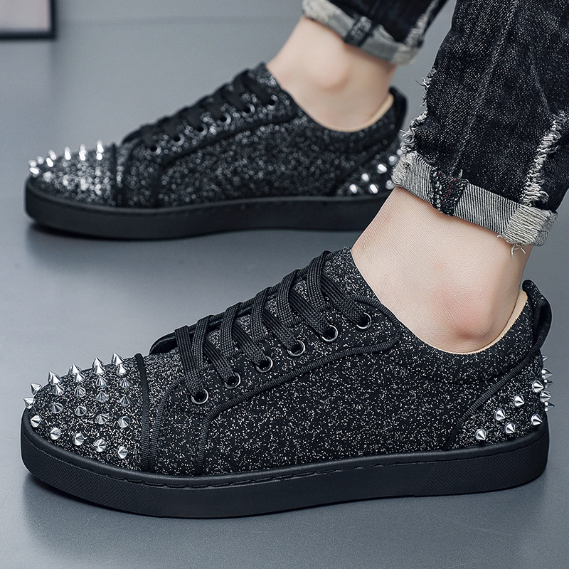 Luxury Shoes Men's Glitter Silver Studded Casual Sneakers - Lace-Up Fashion Shoes with Spiked Decor Free Shipping