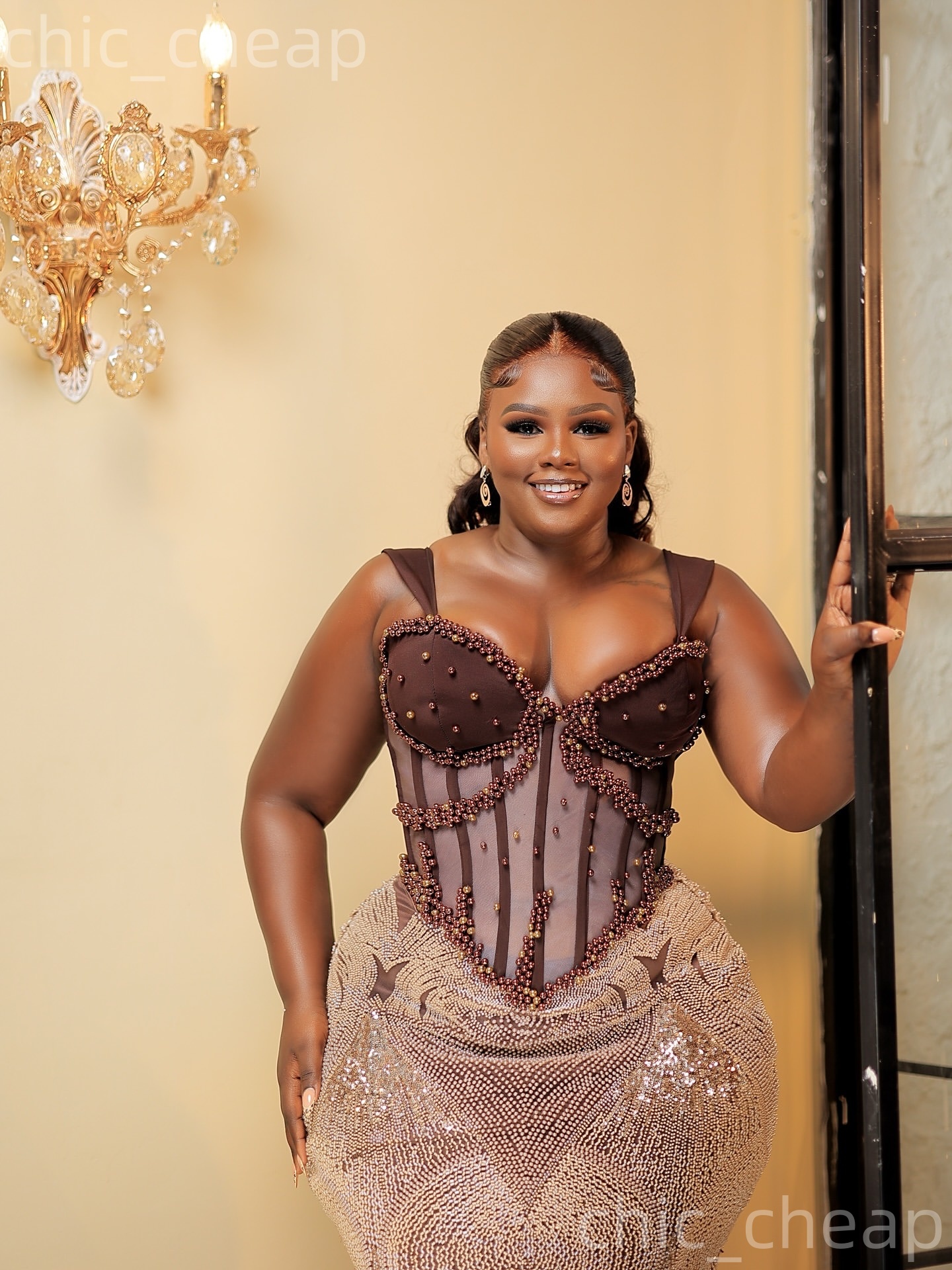 Aso Ebi Brown Mermaid Prom Dresses 2026 Spaghetti Pearls Sequined Sparkkly Evening Formal Party Second Birthday Engagement Gowns Dress For Special Occ