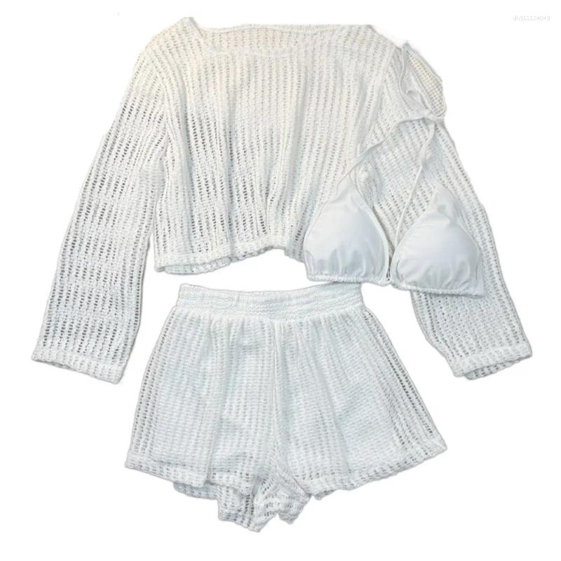 Women's Swimwear Loose Long Sleeve Swimsuit Hollow Out Pullover Crochet Knit Bathing Suit Beachwear Clothings Sun Protection