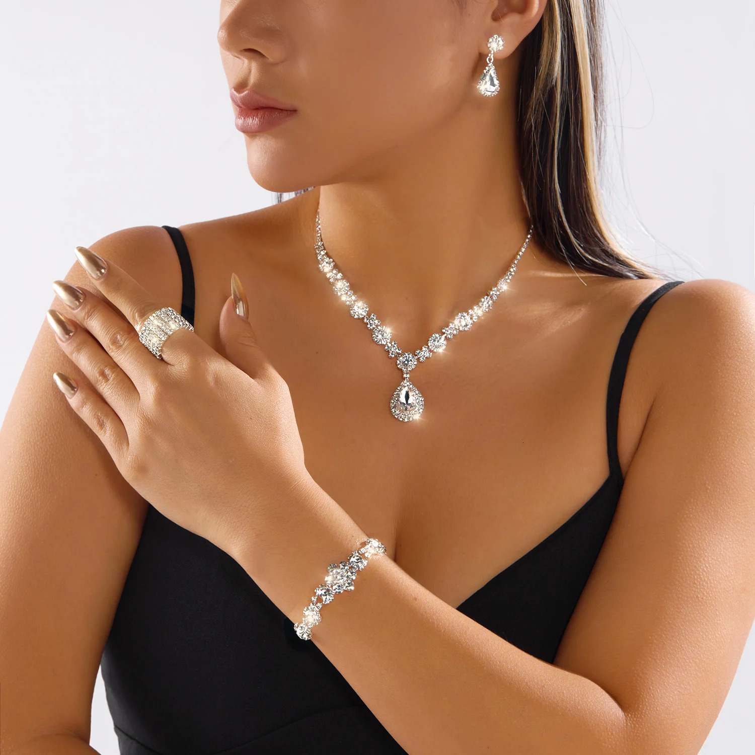 Light Green Crystal Water Drop Jewelry Set For Women Full Rhinestone Zircon Necklaces Bracelet Ring Earrings Wedding Gift 260109 Z260313